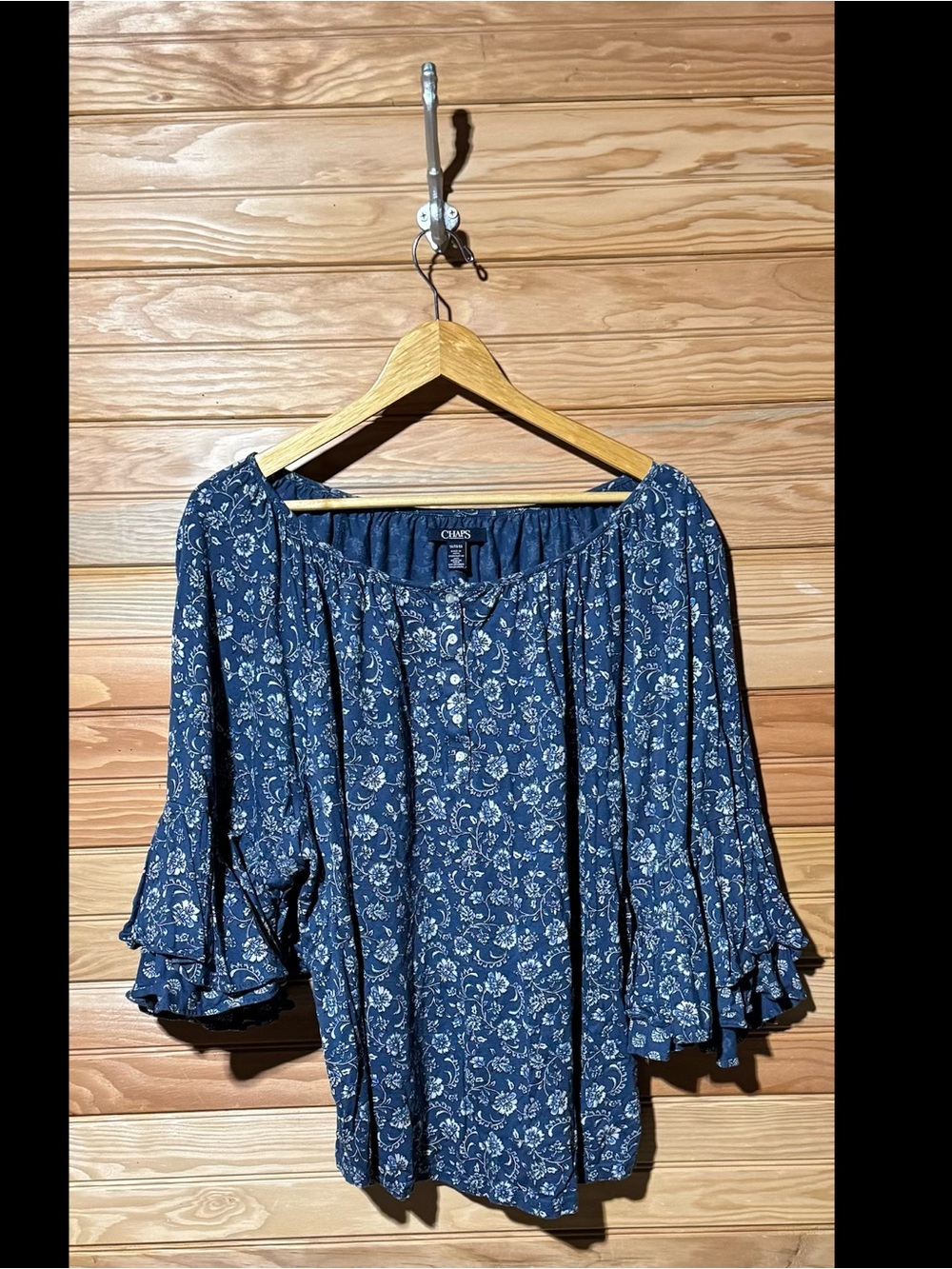 Chaps Navy Blue Floral Peasant Blouse